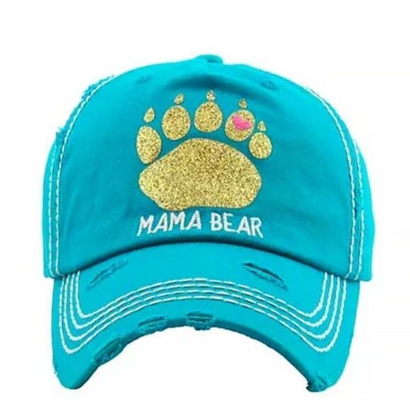 2/$30 Ladies Teal Mama Bear Glitter Paw Print Basball Hat - Picture 1 of 3